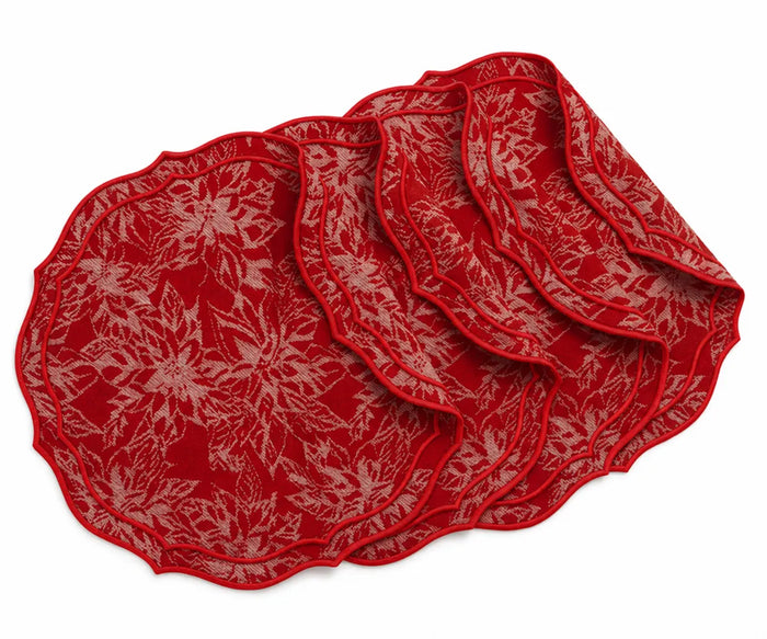 Round woven damask placemat crafted from cotton jacquard fabric with decorative red scalloped border, washable table linen available in multiple sizes and sets.
