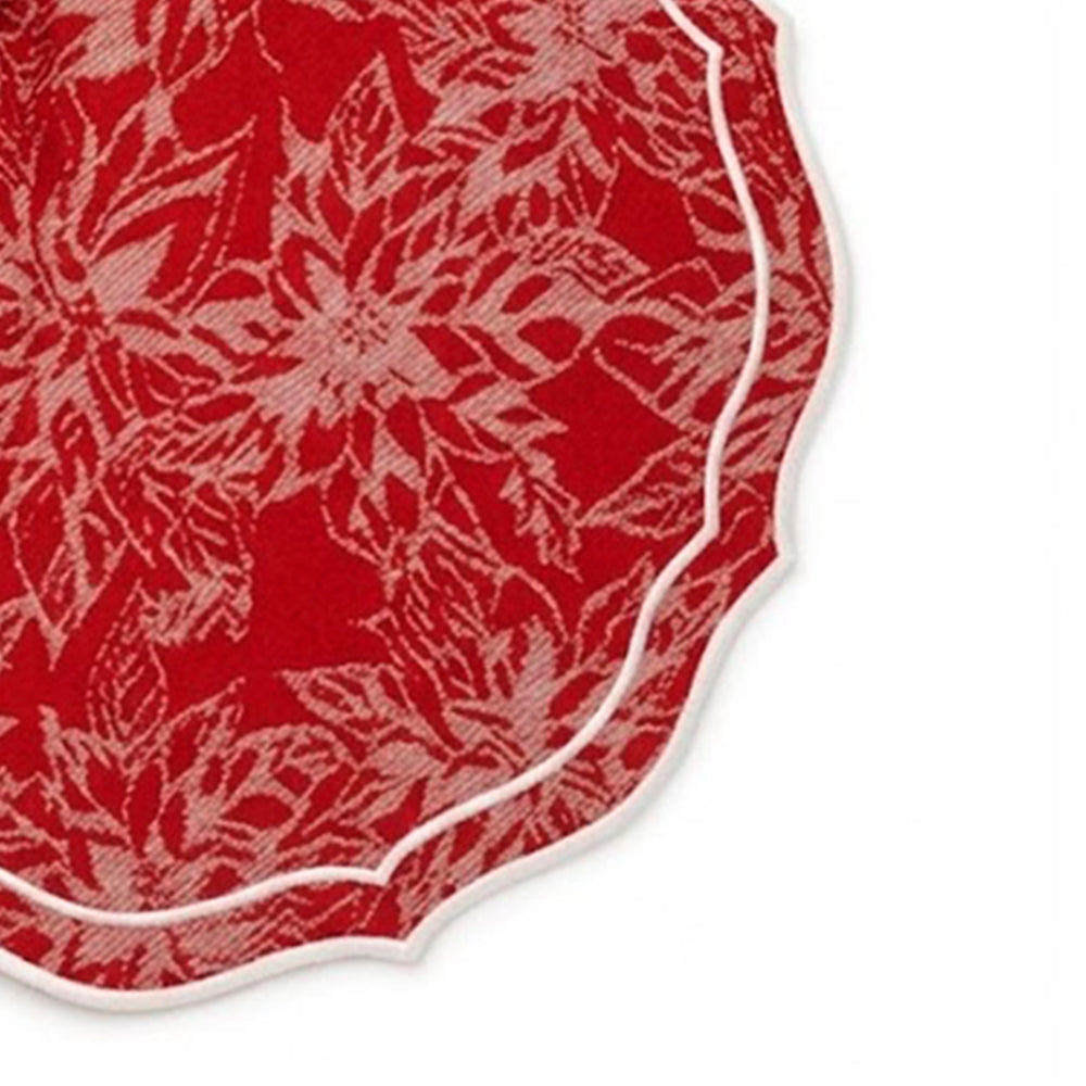 Round red and white scalloped placemats made from 100% cotton jacquard fabric, featuring a textured weave and decorative white scalloped border for an elegant table setting.