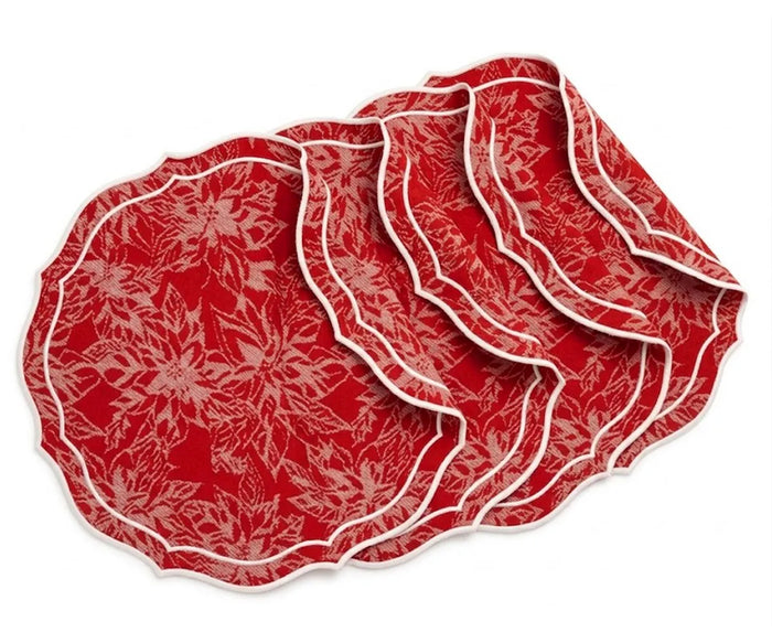 Set of round cotton jacquard placemats in red with white scalloped edges, designed to add warmth, texture, and classic style to everyday meals and special occasions.