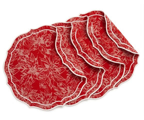 Set of round cotton jacquard placemats in red with white scalloped edges, designed to add warmth, texture, and classic style to everyday meals and special occasions.