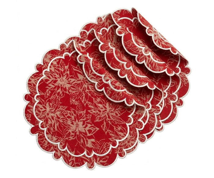 Round red floral jacquard placemat featuring woven damask pattern and scalloped border, reusable cotton table mat for elegant dining