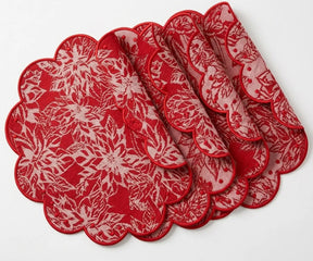 Round white cotton placemat featuring an elegant floral pattern and scalloped edge
