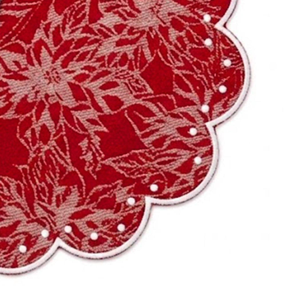 Premium round cotton placemats with woven jacquard texture, decorative scalloped border, and red polka dot design displayed on a stylish dining table setting.