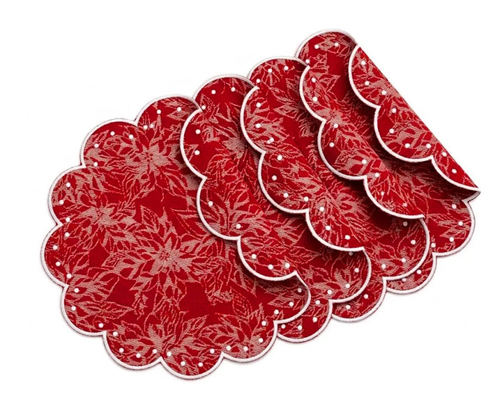 Round dining placemats made from 100% cotton jacquard fabric featuring a red and white polka dot pattern, scalloped edges, and elegant farmhouse table décor styling.
