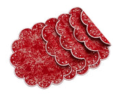 Round dining placemats made from 100% cotton jacquard fabric featuring a red and white polka dot pattern, scalloped edges, and elegant farmhouse table décor styling.