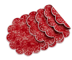Round dining placemats made from 100% cotton jacquard fabric featuring a red and white polka dot pattern, scalloped edges, and elegant farmhouse table décor styling.
