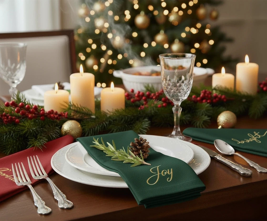 Festive embroidered napkin with Joy  design – holiday dinner décor.