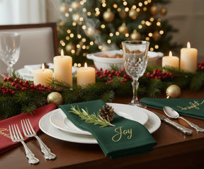 Festive embroidered napkin with Joy  design – holiday dinner décor.