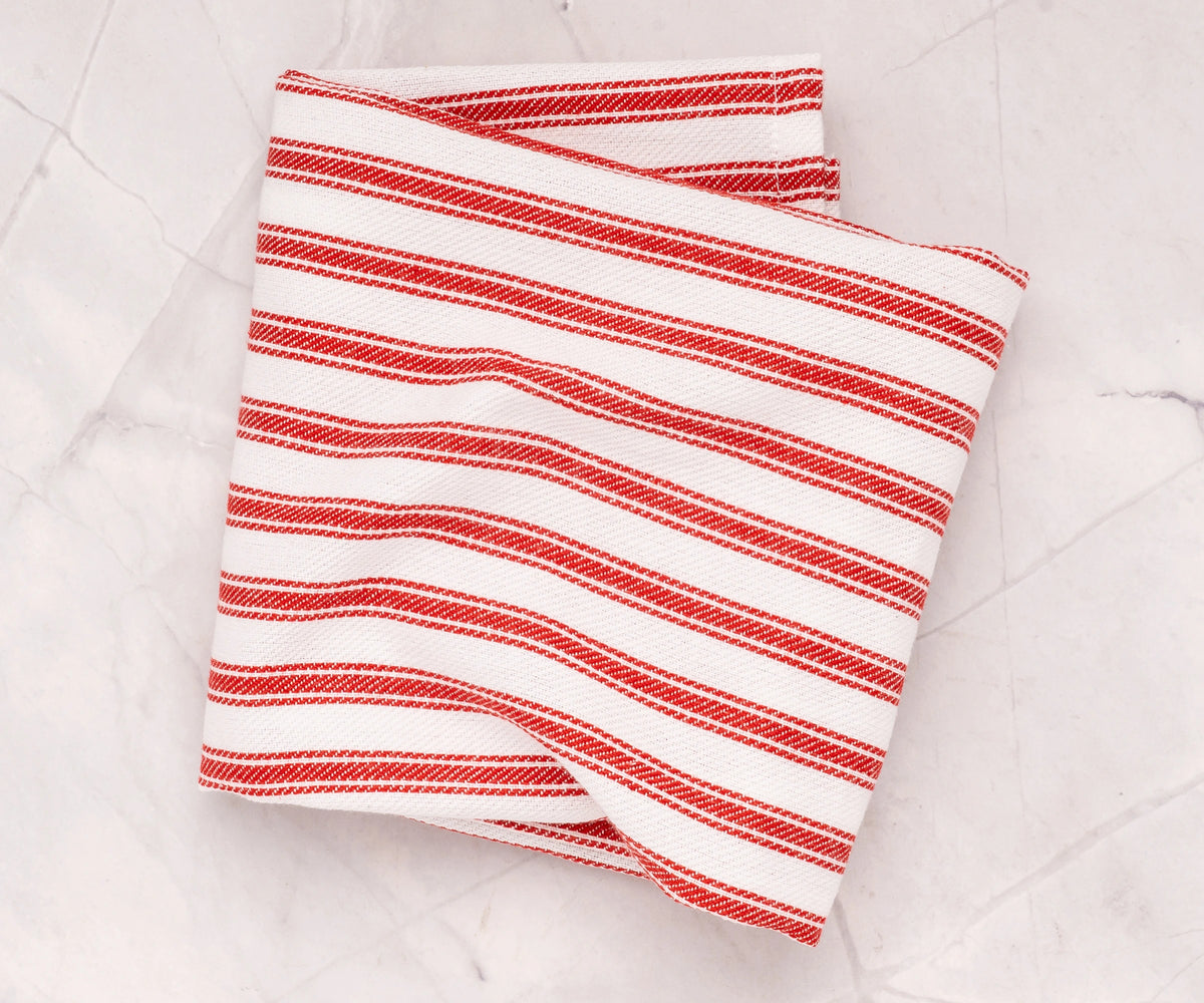Classic red kitchen towels in cotton with striped farmhouse style design.
