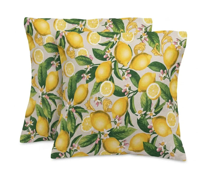 Cotton cushion cover featuring a bright lemon pattern on a light background, with fresh yellow citrus prints and green leaves, adding a cheerful and summery touch to sofa, bed, or living room decor.