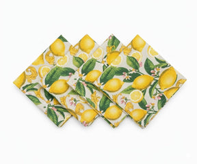 Set of cotton napkins with fresh lemon and green leaf print for kitchen and dining table