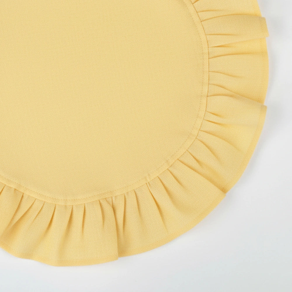 Bright lemon yellow ruffled cotton cloth napkins made from natural linen, ideal for summer meals and garden parties.