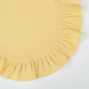Bright lemon yellow ruffled cotton cloth napkins made from natural linen, ideal for summer meals and garden parties.