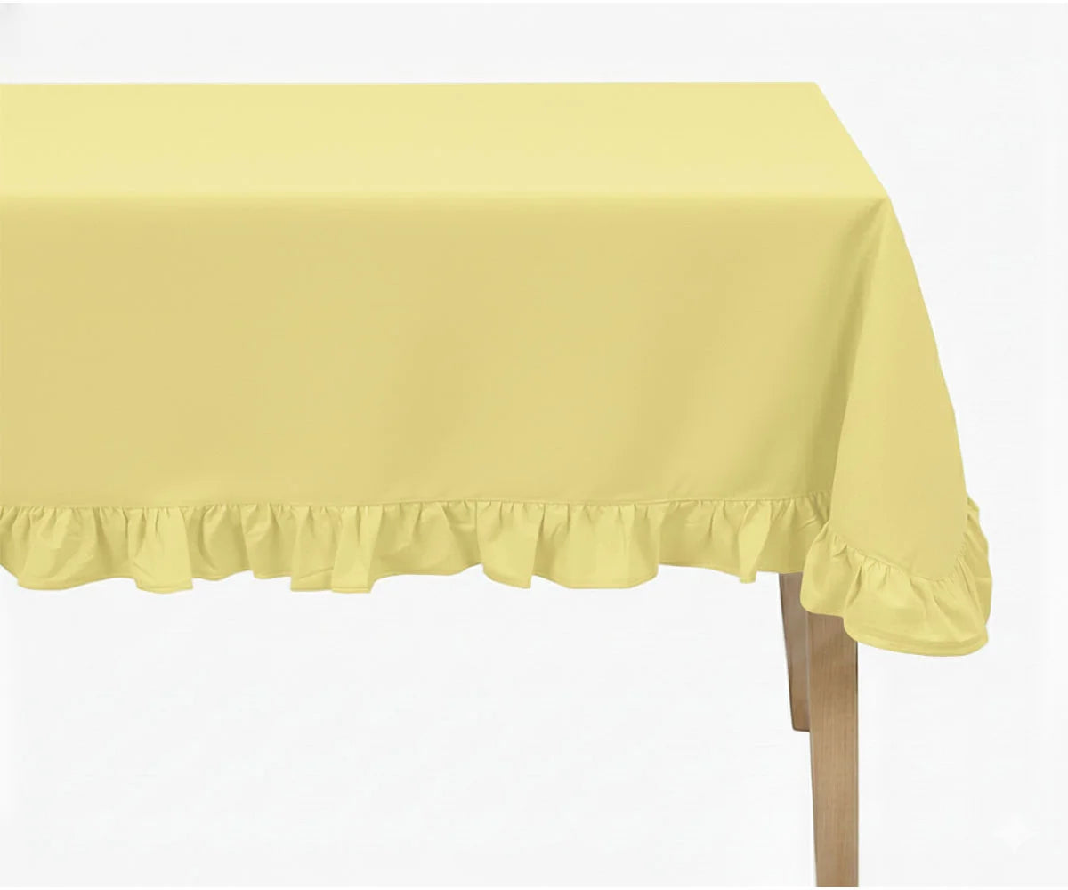 Yellow round cotton tablecloth with ruffle trim