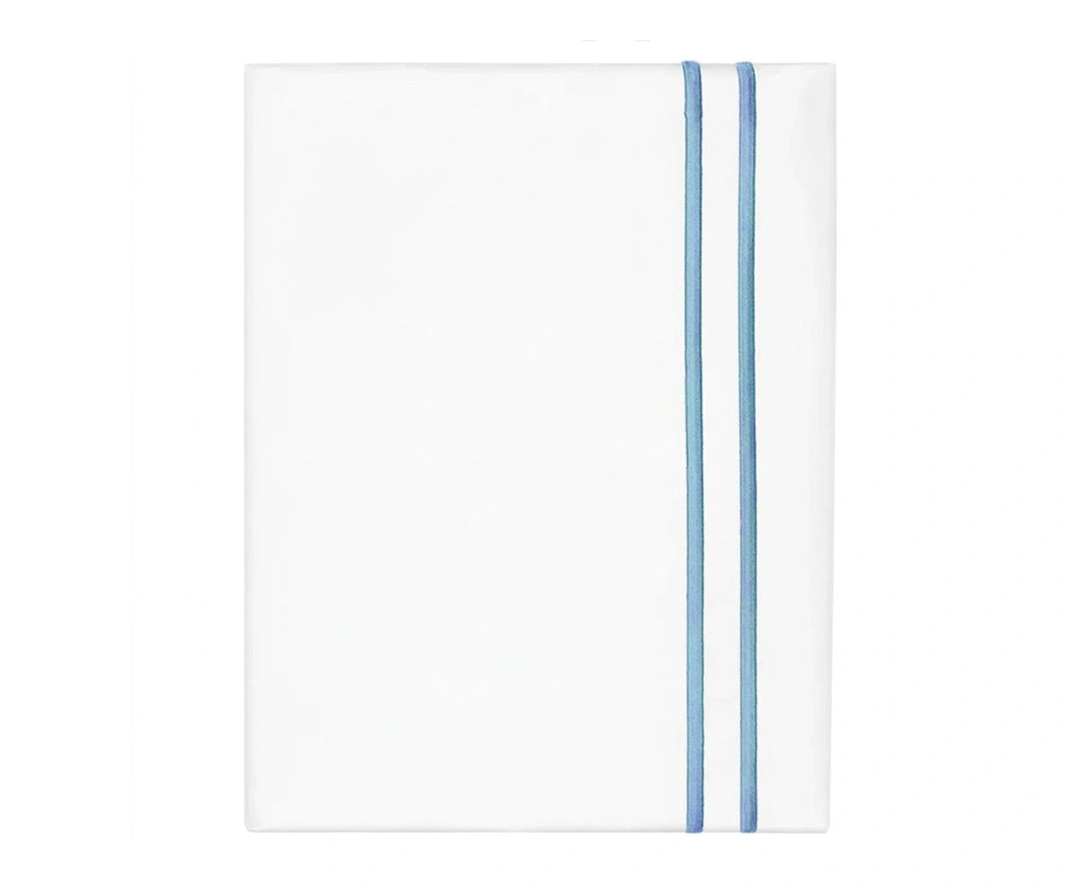 White cotton flat sheet with light blue double line embroidery border
