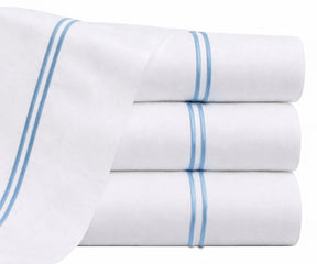 light blue cotton percale flat sheet embroidered border breathable cooling coastal bedroom bedding queen king