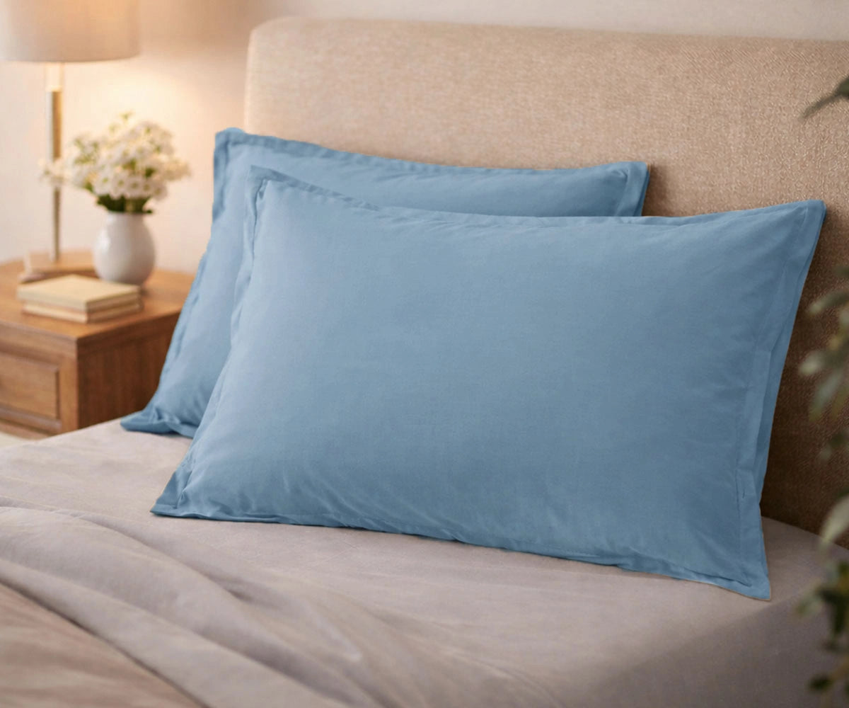 light blue cotton pillow covers on bed soft breathable pillowcases for modern bedroom bedding
