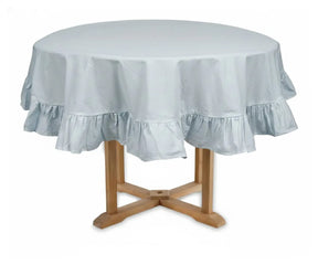 Light blue ruffled cotton tablecloth for round table, airy farmhouse and coastal table setting