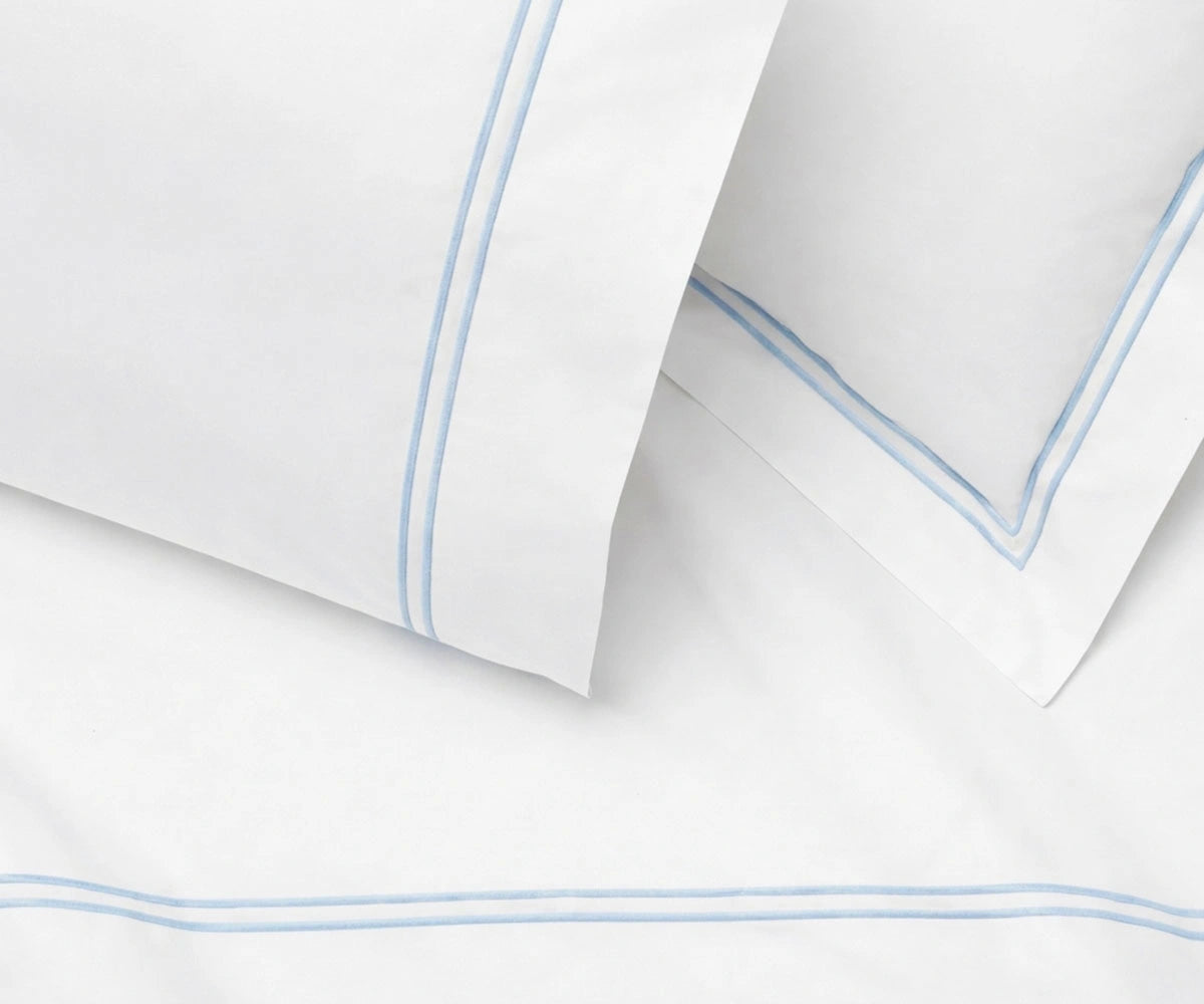 light blue embroidered flat sheet cotton percale soft blue bedding double line stitch hotel style flat sheet