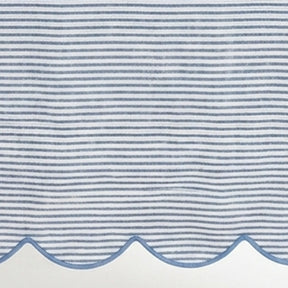 Blue striped linen tablecloth material featuring a detailed scallop hem design for modern kitchen and dining decor.