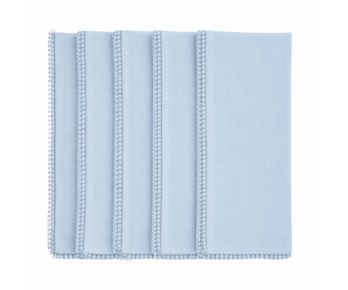 Light blue cotton pom pom napkins with knotted edge for coastal and casual table décor