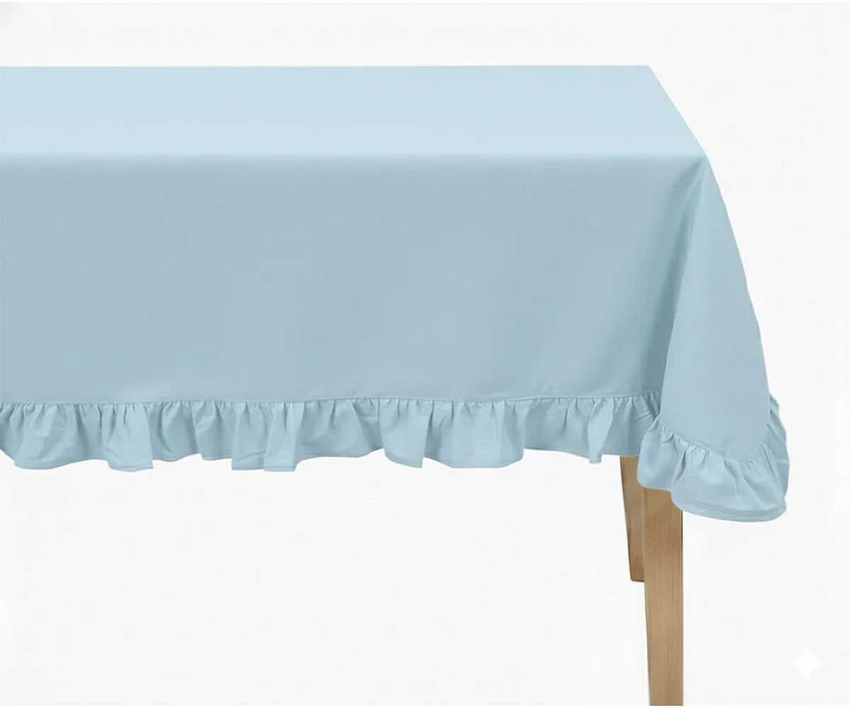 Light blue round cotton tablecloth with ruffle edge