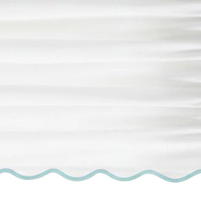 White scalloped curtain panel with light blue trim - Close up