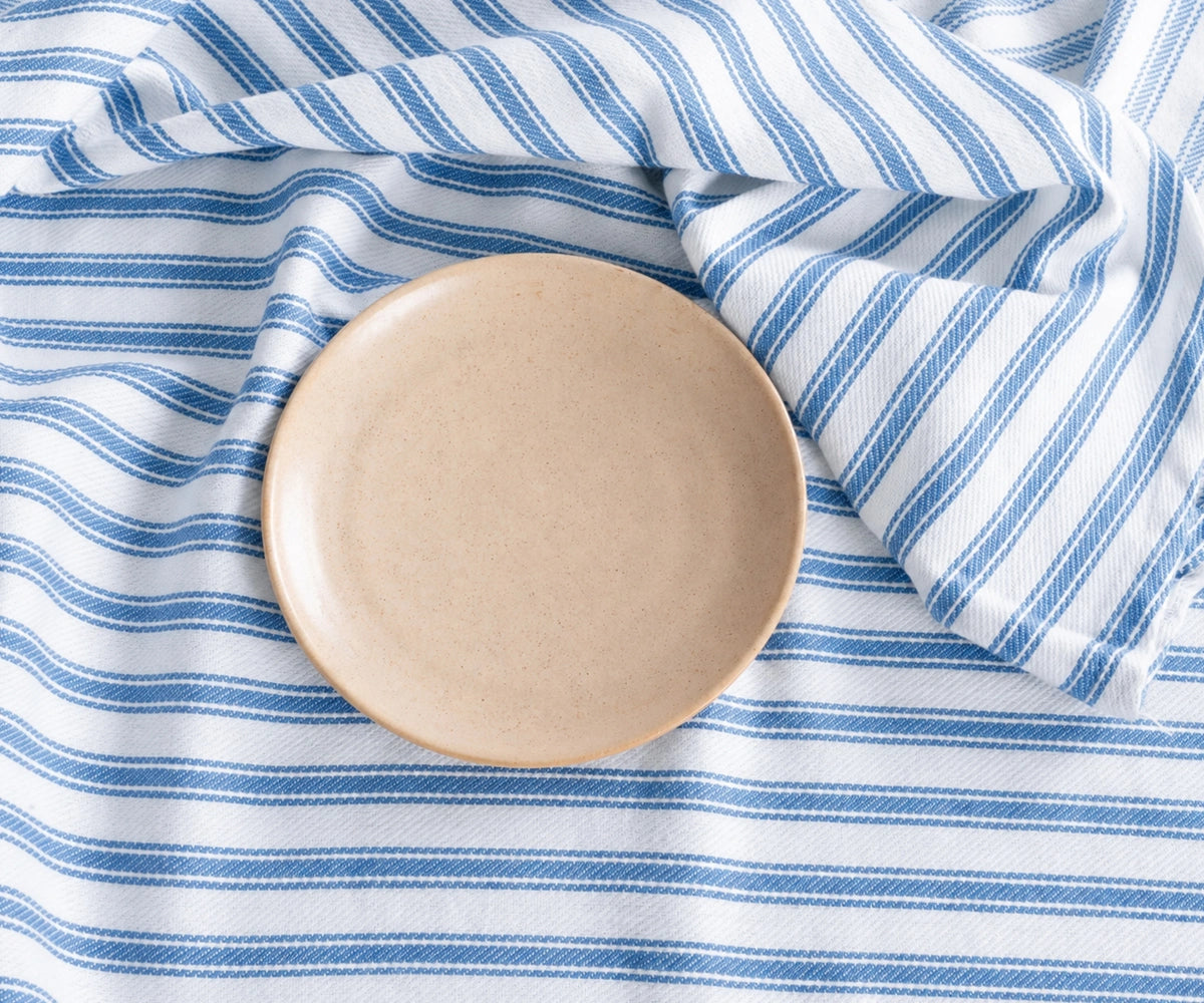 Baby blue striped linen tablecloth with beige ceramic plate, decorative rectangular dining table cover for farmhouse and coastal table settings