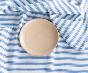 Baby blue striped linen tablecloth with beige ceramic plate, decorative rectangular dining table cover for farmhouse and coastal table settings