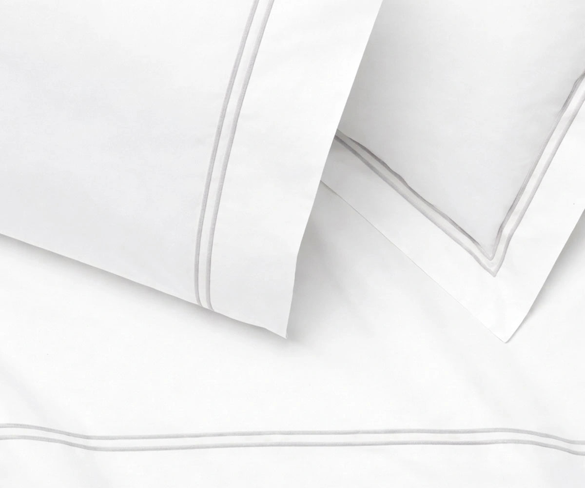 light grey hotel style flat sheet embroidered cuff cotton percale cooling crisp modern bedding set