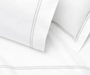 light grey hotel style flat sheet embroidered cuff cotton percale cooling crisp modern bedding set