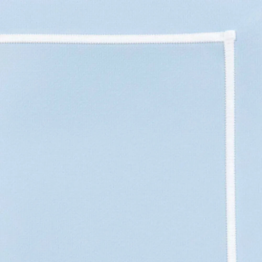 Light blue cotton tablecloth rectangle with white embroidered design for dining and weddings