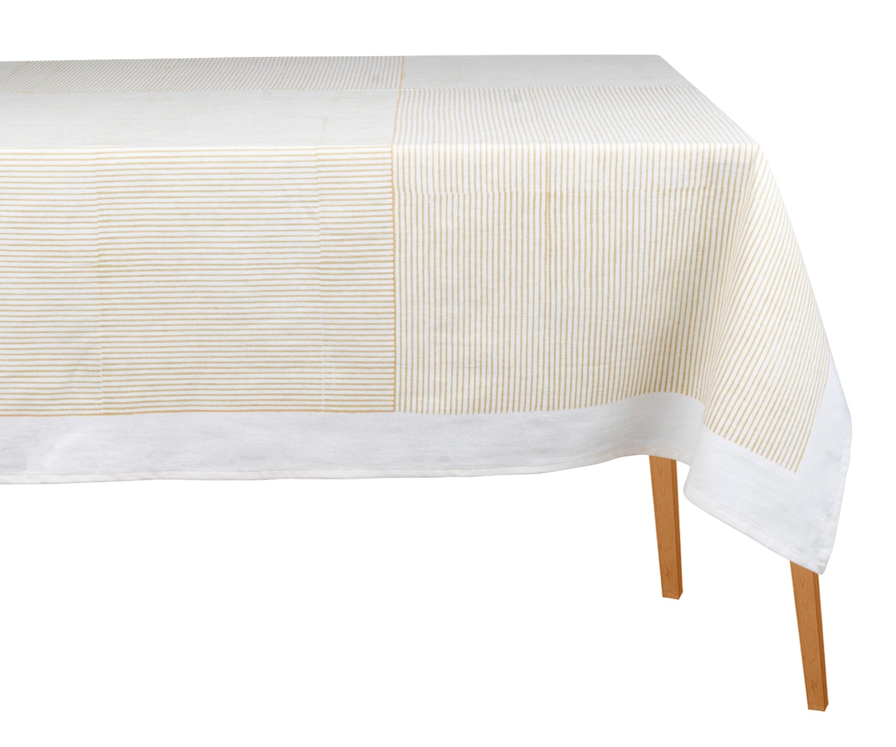 Beige cotton rectangular tablecloth with block-printed line design on a dining table