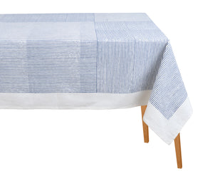 Blue cotton rectangular tablecloth with traditional block print on a dining table