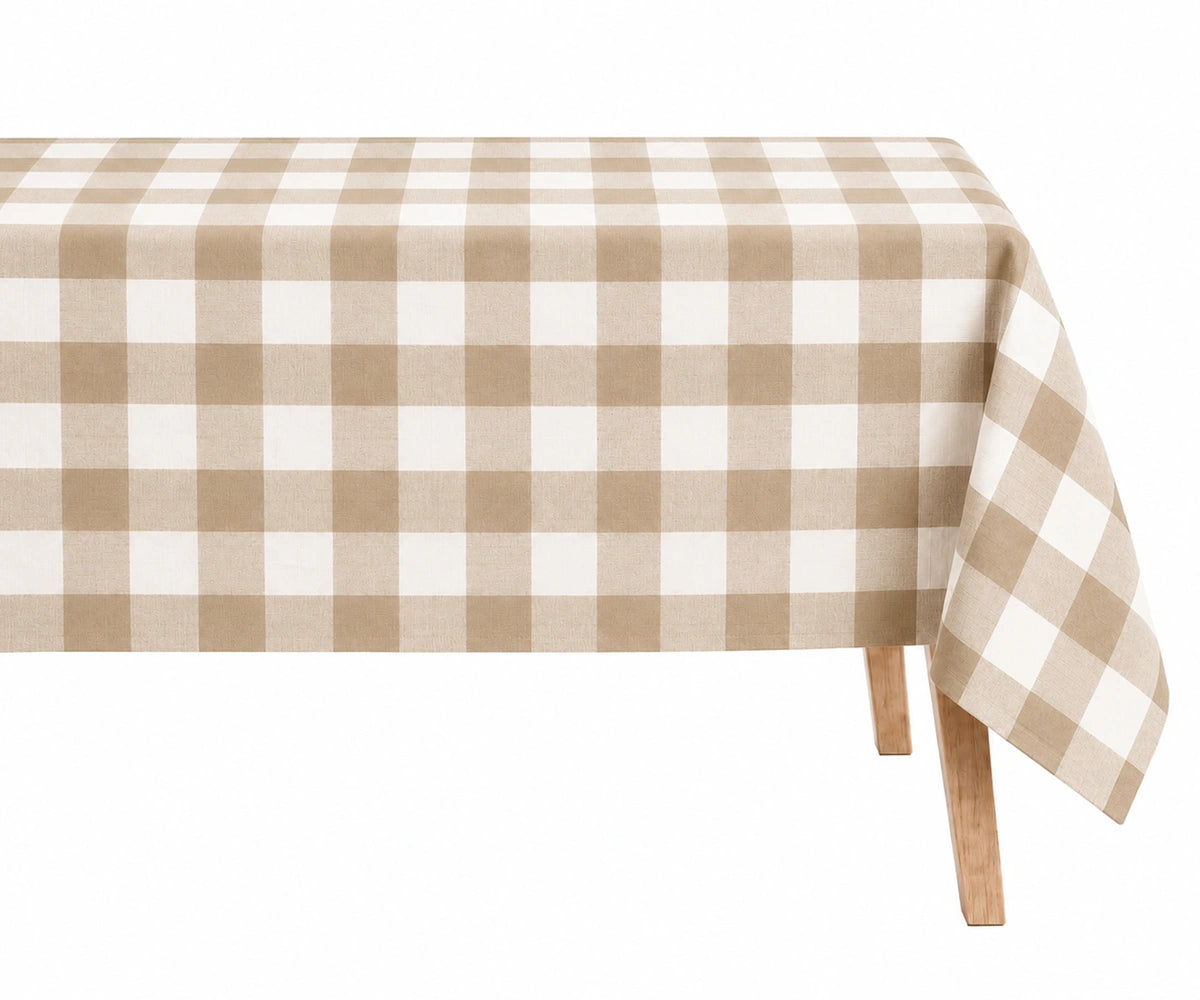 Beige gingham linen tablecloth with a timeless checkered pattern
Neutral linen tablecloth for elegant dining and special occasions