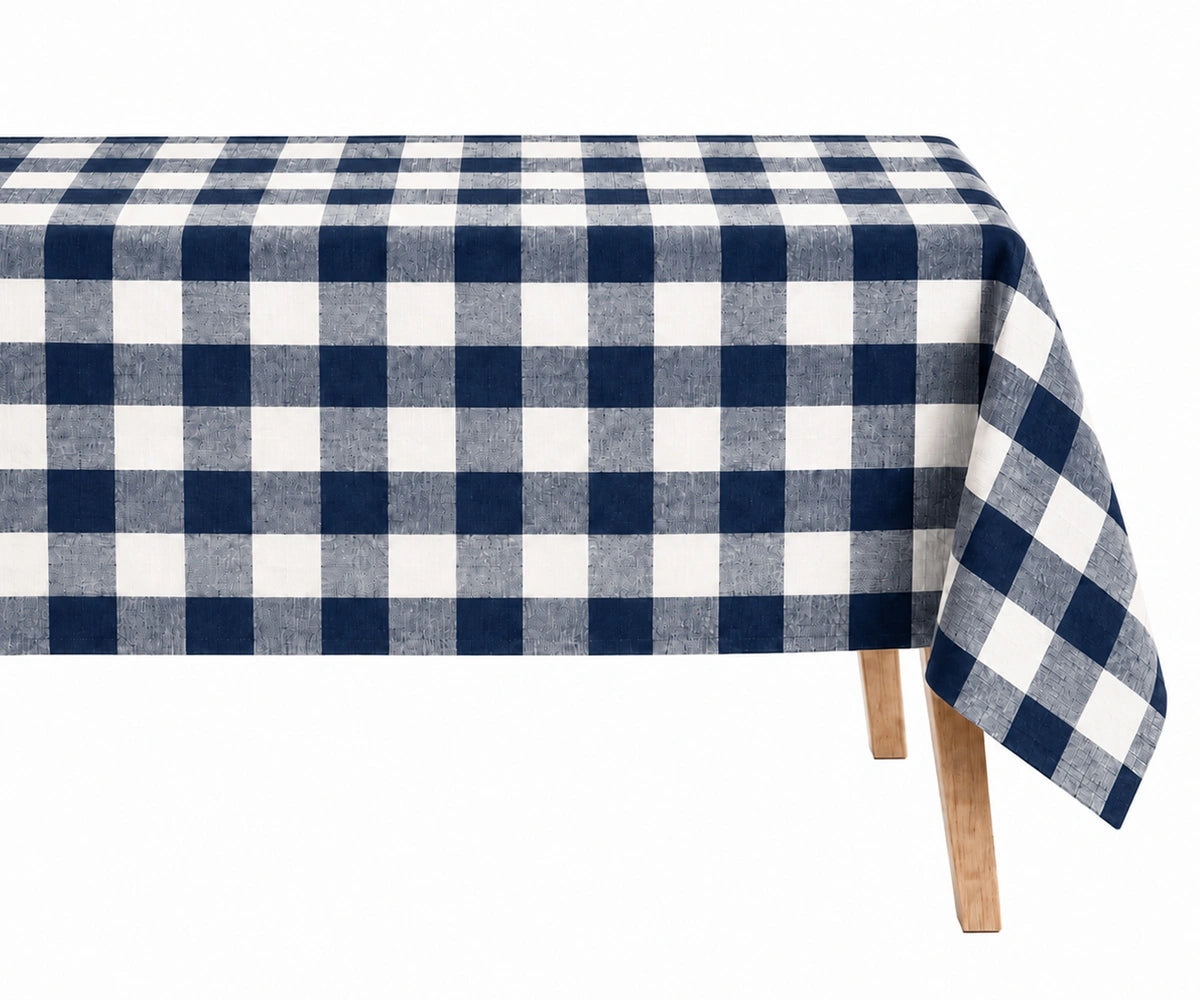 Navy blue gingham linen tablecloth for dining table, Checkered linen tablecloth for entertaining and everyday meals  