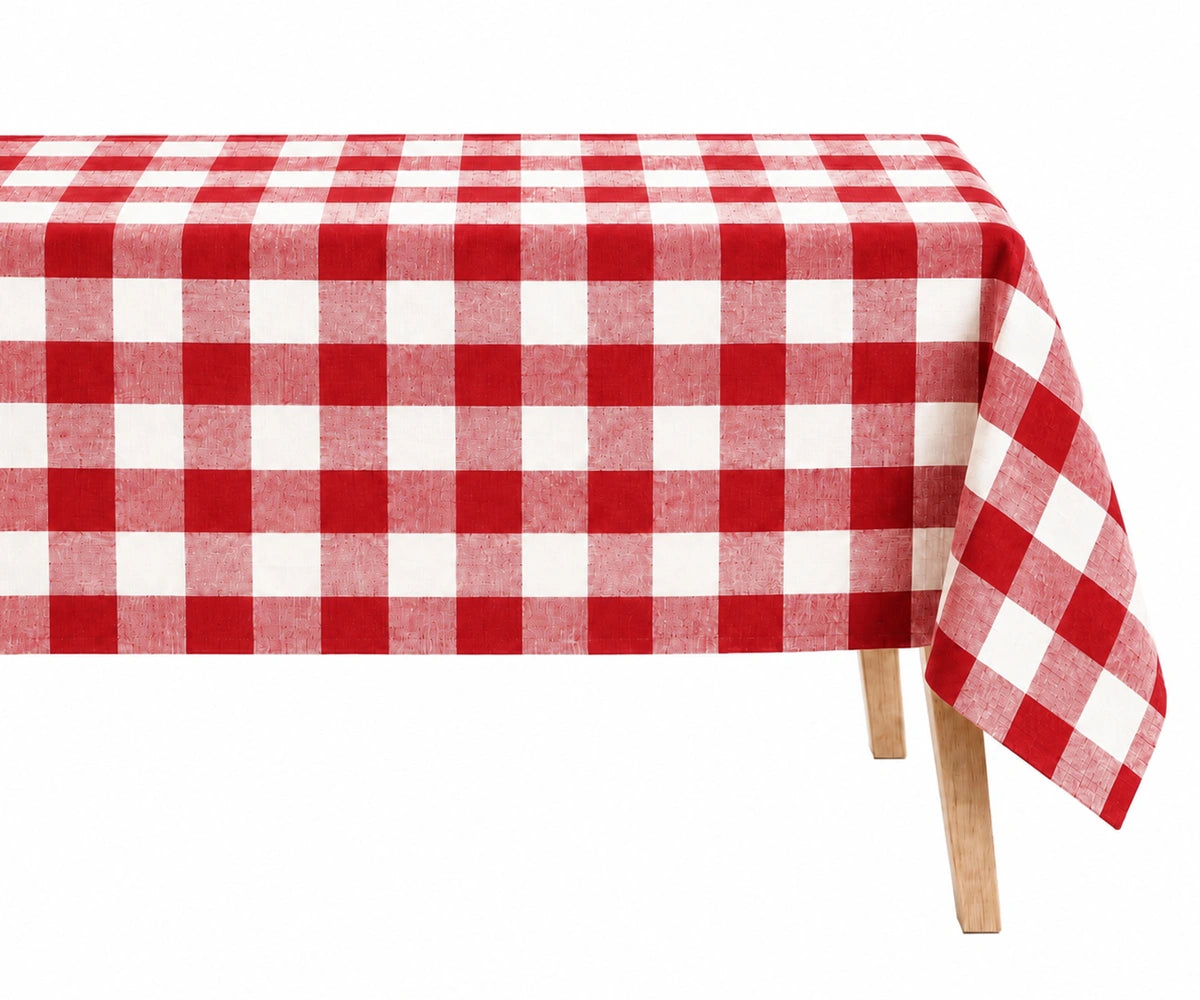 Red gingham linen tablecloth for rectangular dining table with classic checkered pattern