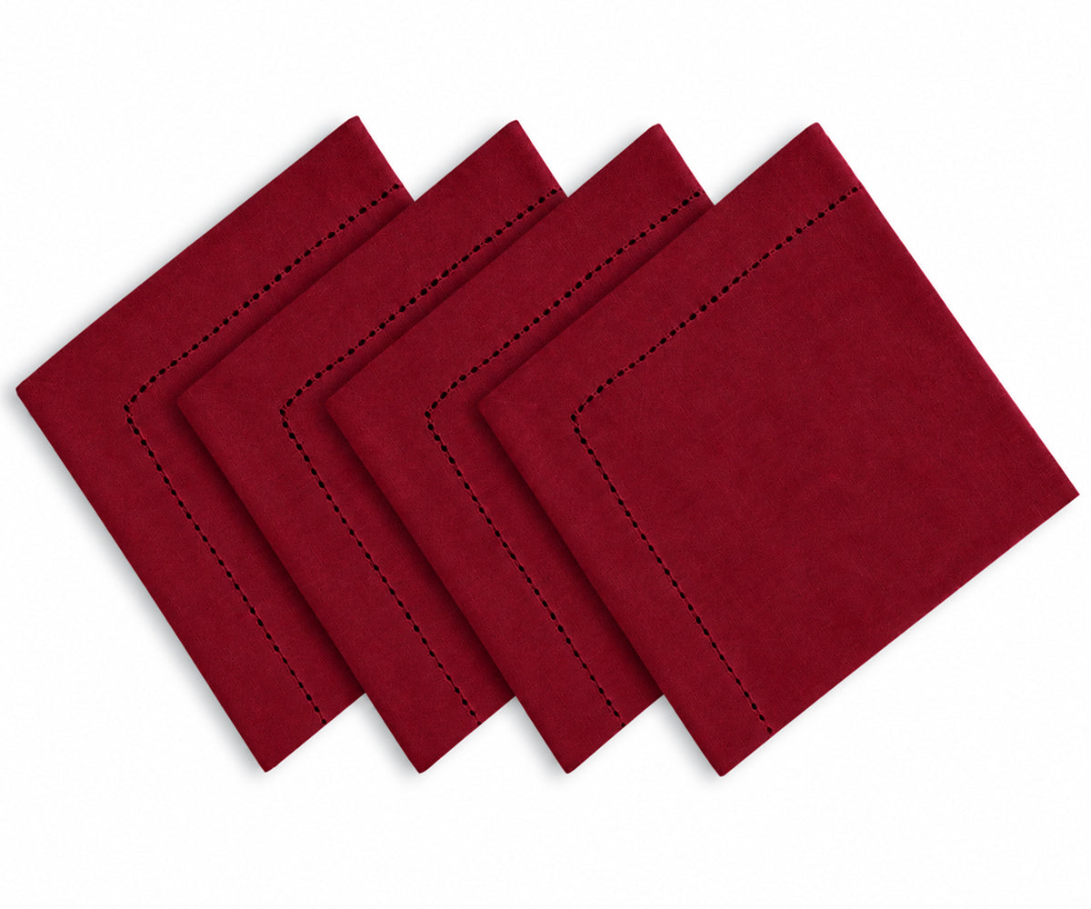 Burgundy cotton linen blend napkins with hemstitched edges, elegant cloth dinner napkins for dining table decor