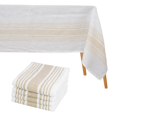 Striped cotton tablecloth and matching cloth napkins arranged neatly on a dining table