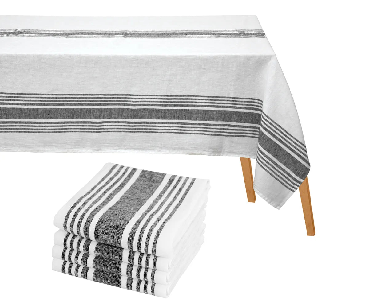 Rectangle cotton tablecloth with classic ticking stripes styled alongside coordinating napkins