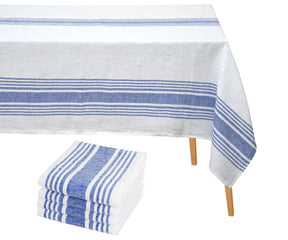 White and colored striped cotton tablecloth set displayed with eight matching cotton napkins