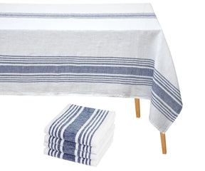 Holiday-ready cotton table linen set featuring a striped tablecloth and matching cloth napkins