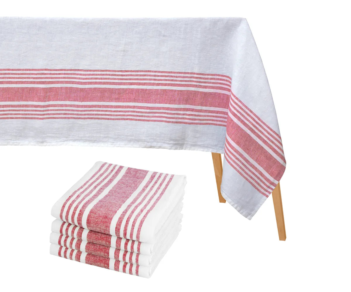 Durable 100 percent cotton striped tablecloth shown with coordinating napkins for everyday dining