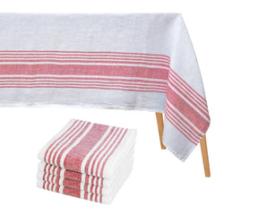Durable 100 percent cotton striped tablecloth shown with coordinating napkins for everyday dining