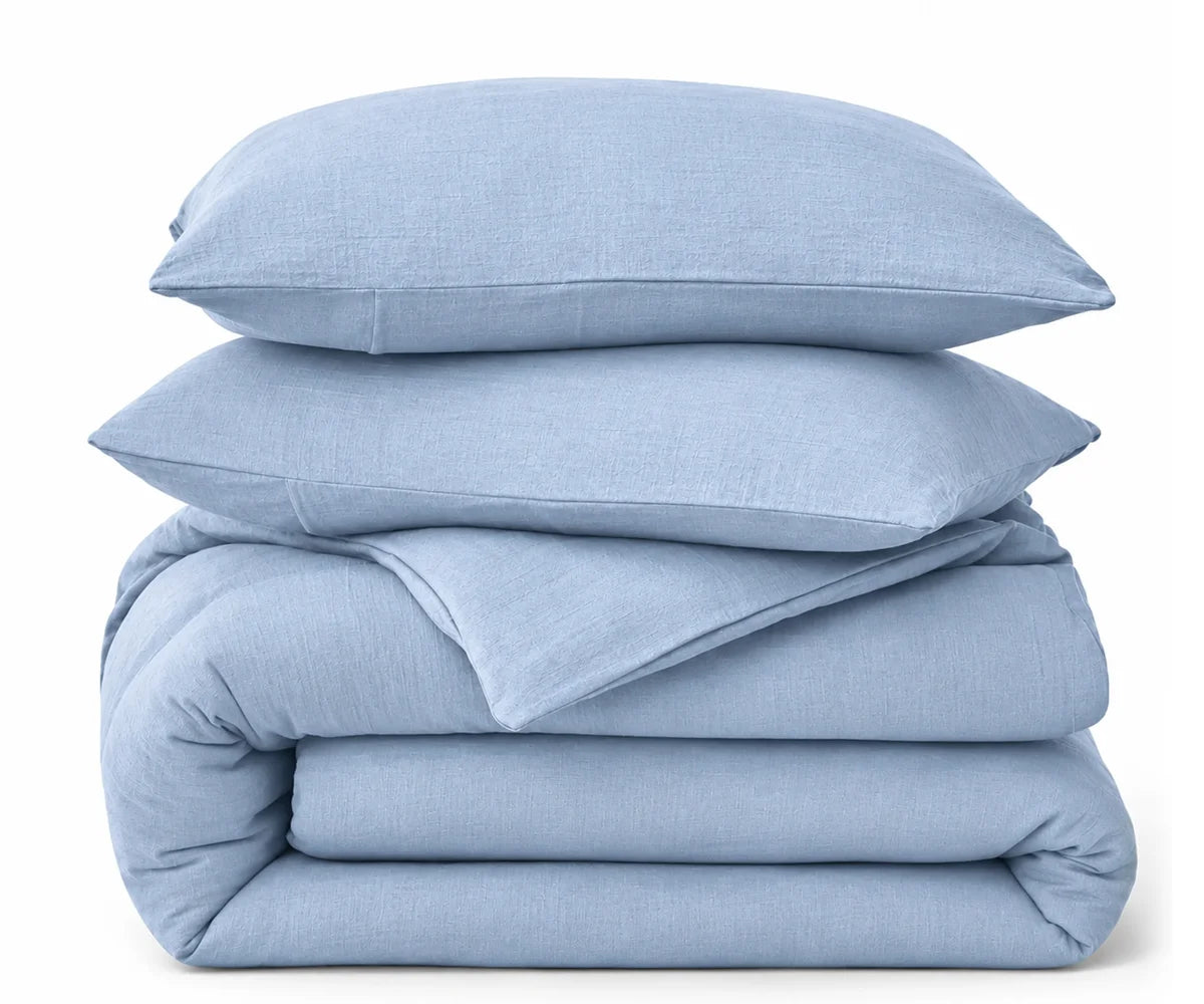 Light blue linen duvet cover for a fresh and calming bedroom bedding style