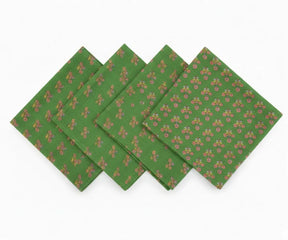 Green floral block print linen napkins for dining table