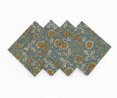 Blue and mustard floral block print cotton napkins, set of patterned reusable cloth dinner napkins