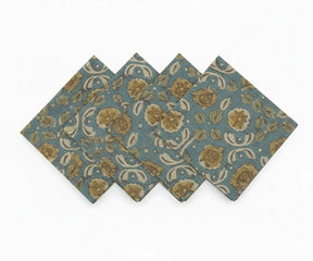 Blue and mustard floral block print cotton napkins, set of patterned reusable cloth dinner napkins