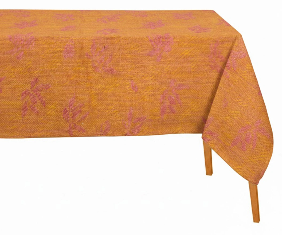 Mustard orange cotton tablecloth with pink floral print for farmhouse dining décor