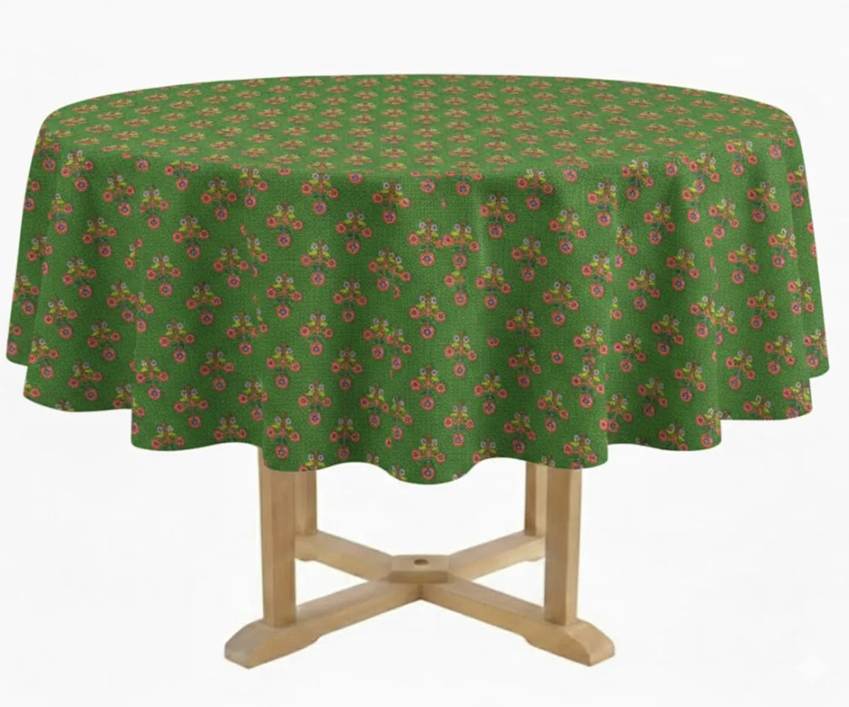 Green multicolor floral round tablecloth with small botanical print pattern